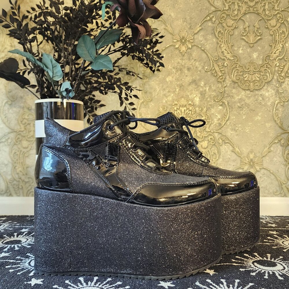 Gothic YRU Qozmo Black Glitter Galaxy Platform Shoes With Vinyl Accents Size 7